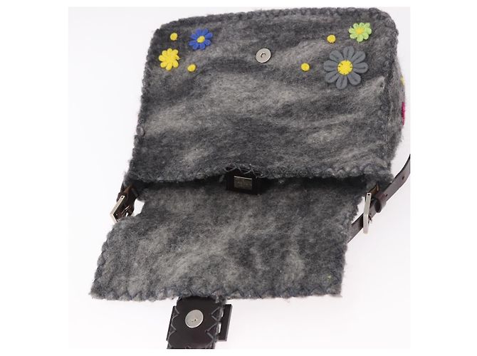 FENDI Borsa a tracolla Floral Mamma Baguette in feltro Grigio Argento Autentica 185390SAM Marrone - vista 19