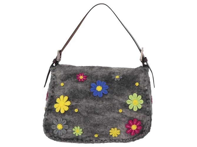 FENDI Borsa a tracolla Floral Mamma Baguette in feltro Grigio Argento Autentica 185390SAM Marrone - vista 2