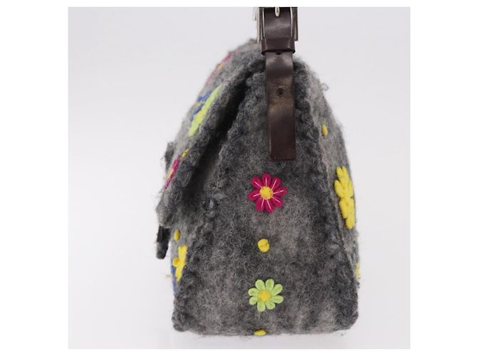 FENDI Borsa a tracolla Floral Mamma Baguette in feltro Grigio Argento Autentica 185390SAM Marrone - vista 3