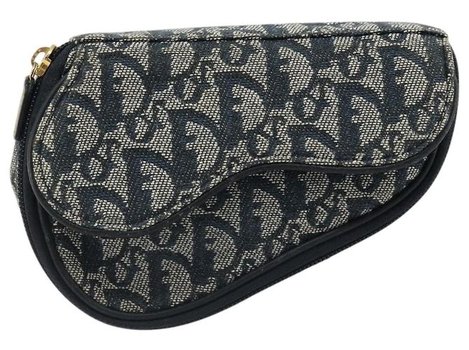 Christian Dior Trotter Canvas Saddle Pouch Navy Gold Auth 184973A Golden Marineblau - Ansicht 13