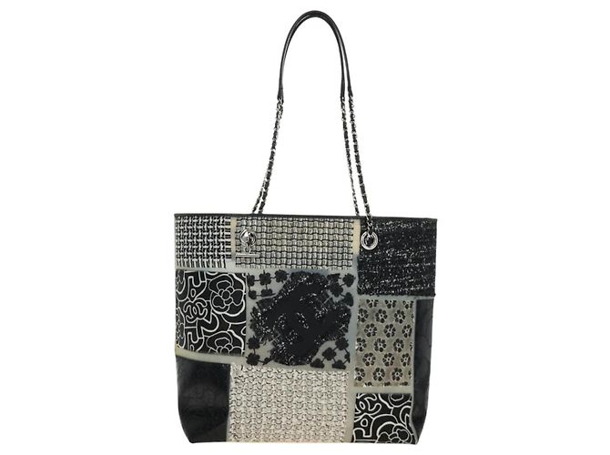 Borsa Tote Patchwork CHANEL in gomma Nero Argento CC Auth 183715SAV - vista 2