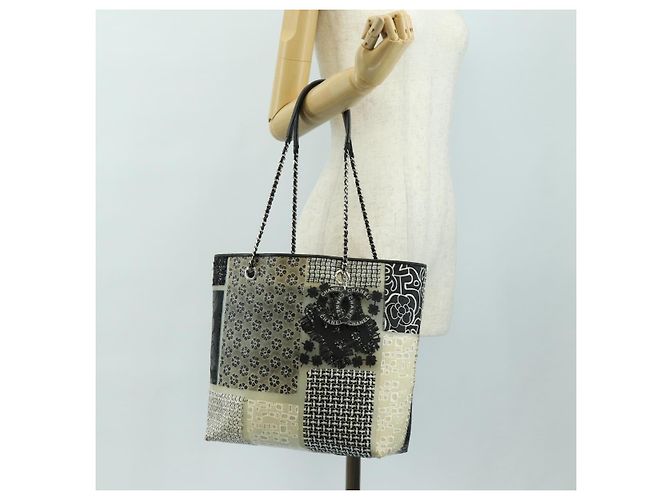 Borsa Tote Patchwork CHANEL in gomma Nero Argento CC Auth 183715SAV - vista 27