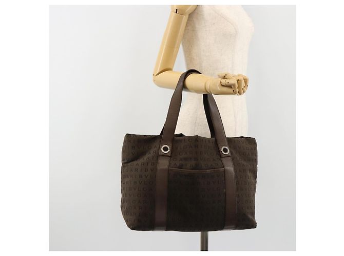 Bulgari Borsa Tote BVLGARI Logo Mania Canvas Marrone Argento Auth 184540 - vista 23