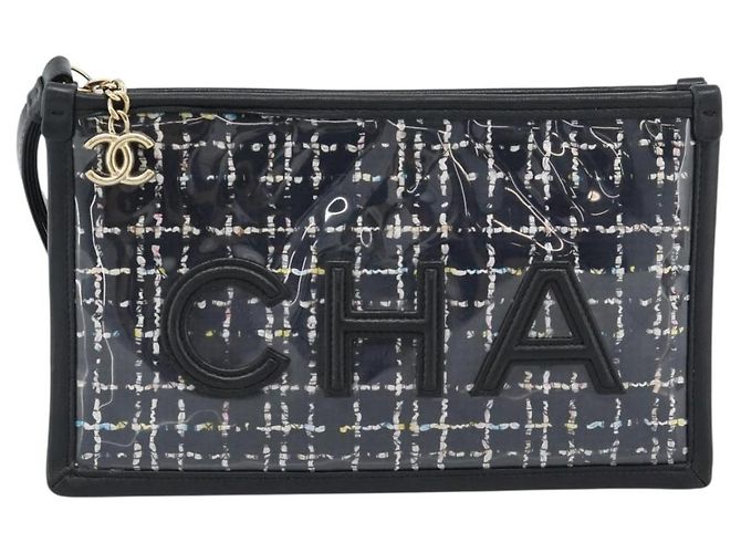 Clutch CHANEL in vinile nero e oro CC Auth bs35542V D'oro - vista 13