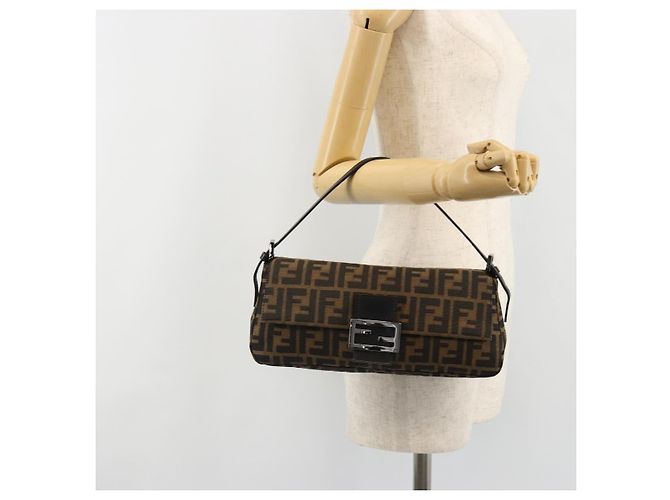 FENDI Zucca Canvas Mamma Baguette Shoulder Bag Black Brown Auth 184907SAM Castaño Negro - vista 25