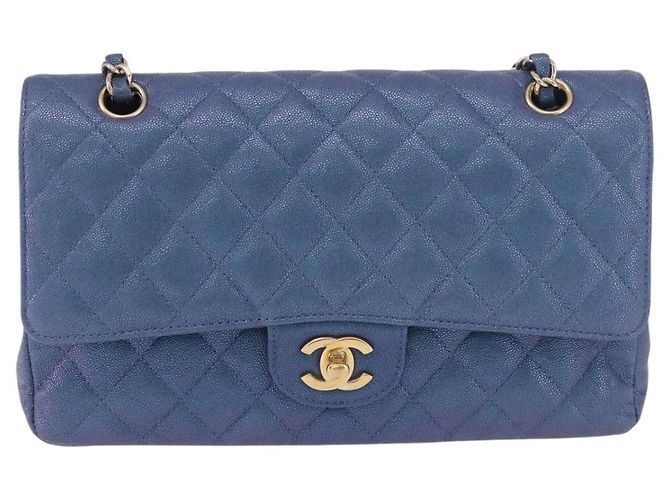 CHANEL Borsa a Spalla Chain Matelasse 25 Pelle di Caviale Blu Oro CC Auth 185395SM D'oro - vista 13