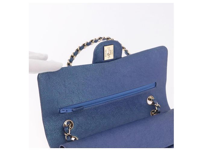 CHANEL Borsa a Spalla Chain Matelasse 25 Pelle di Caviale Blu Oro CC Auth 185395SM D'oro - vista 20