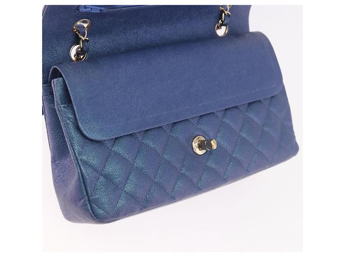 CHANEL Borsa a Spalla Chain Matelasse 25 Pelle di Caviale Blu Oro CC Auth 185395SM D'oro - vista 21
