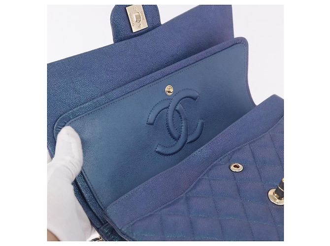 CHANEL Borsa a Spalla Chain Matelasse 25 Pelle di Caviale Blu Oro CC Auth 185395SM D'oro - vista 23