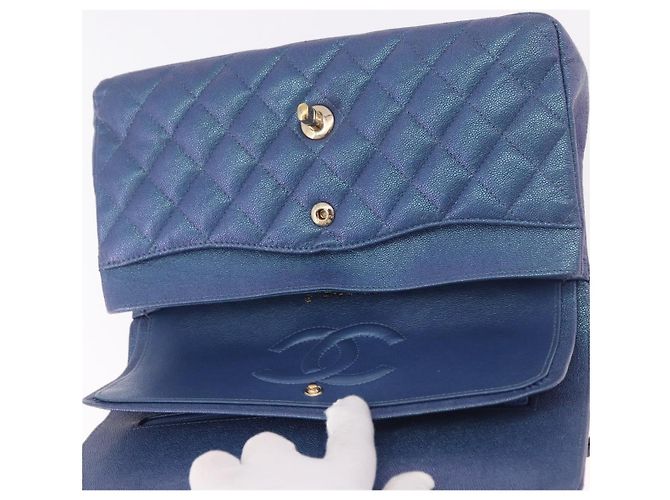 CHANEL Borsa a Spalla Chain Matelasse 25 Pelle di Caviale Blu Oro CC Auth 185395SM D'oro - vista 9