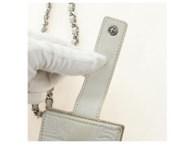 CHANEL icon Chain Shoulder Pouch Lamb Skin White Silver CC Auth 184233A Argento Bianco - vista 10
