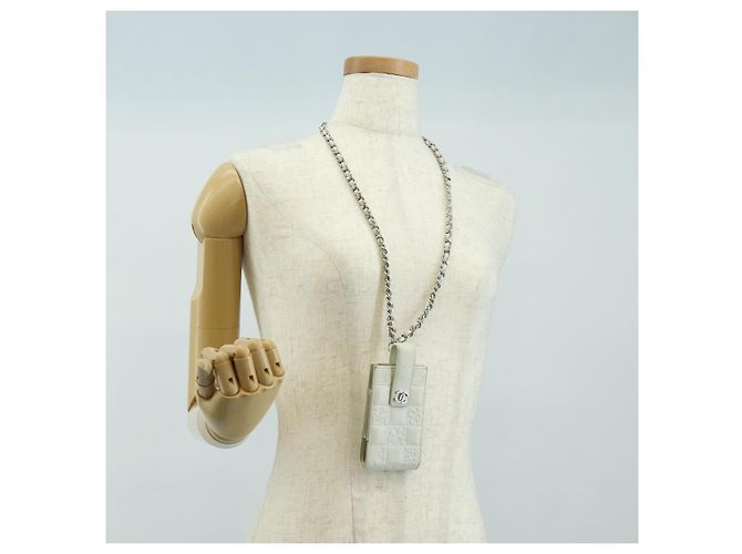CHANEL icon Chain Shoulder Pouch Lamb Skin White Silver CC Auth 184233A Argento Bianco - vista 22