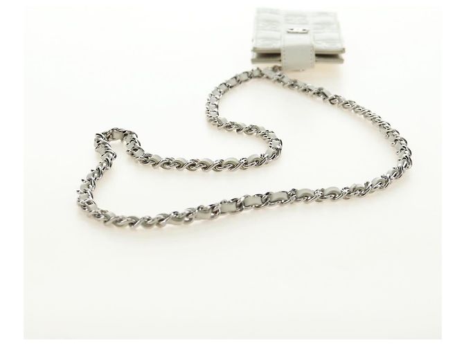 CHANEL icon Chain Shoulder Pouch Lamb Skin White Silver CC Auth 184233A Argento Bianco - vista 7