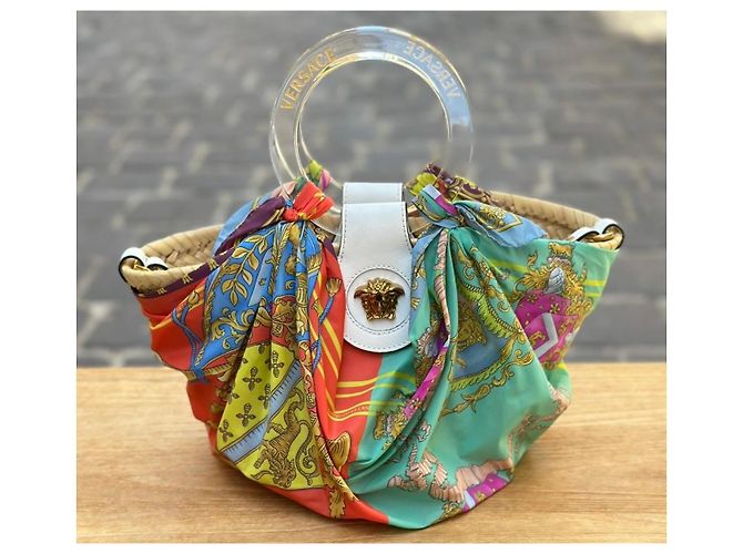 Versace La Medusa Borsa Piccola in Raffia e Seta Multicolore - vista 3