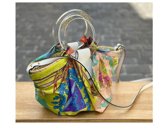 Versace La Medusa Borsa Piccola in Raffia e Seta Multicolore - vista 4