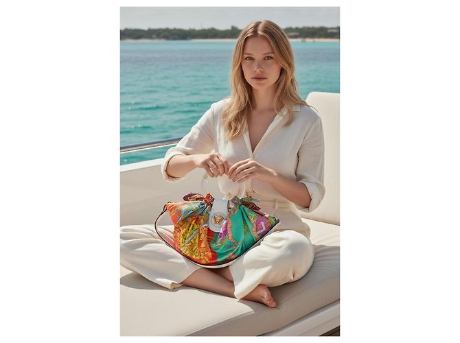 Versace La Medusa Borsa Piccola in Raffia e Seta Multicolore - vista 5