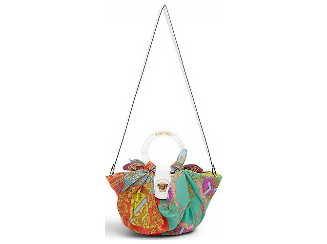 Versace La Medusa Borsa Piccola in Raffia e Seta Multicolore - vista 6
