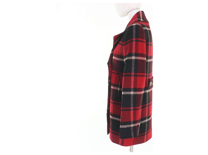 COACH Check Pattern Metal Logo Double Breasted Coat Red - view 2