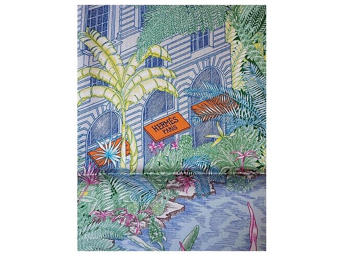 Carré Hermès Faubourg Tropical en soie Rose Bleu Vert - vue 2