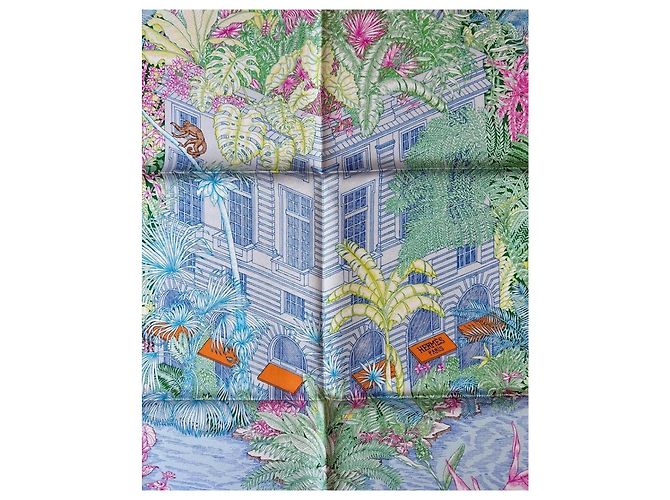 Carré Hermès Faubourg Tropical en soie Rose Bleu Vert - vue 6