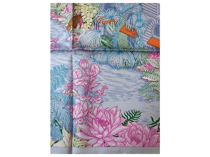 Carré Hermès Faubourg Tropical en soie Rose Bleu Vert - vue 7