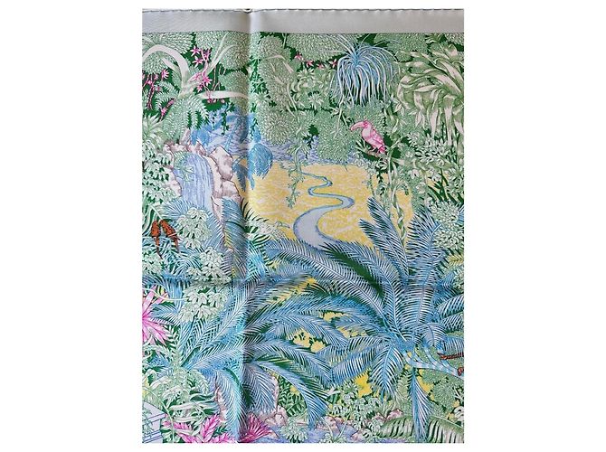 Carré Hermès Faubourg Tropical en soie Rose Bleu Vert - vue 8