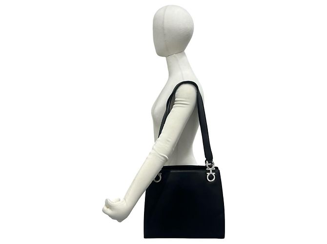 Salvatore Ferragamo Gancini Logo Hardware Leder Tote Bag Schwarz - Ansicht 2