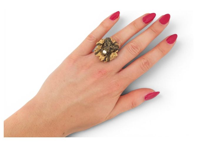 NEUER CHANEL LÖWENKOPF RING PARIS VENISE KOLLEKTION GRÖSSE 55 PERLE VERGOLDETES METALL RING - Ansicht 7