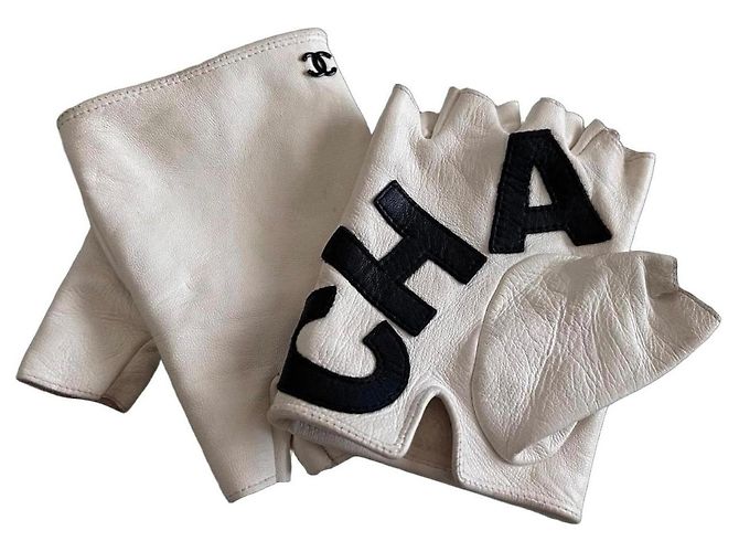 Chanel fingerlose Lammleder-Handschuhe Weiß Schwarz - Ansicht 2