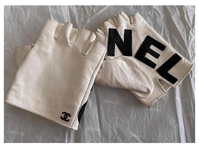 Chanel fingerlose Lammleder-Handschuhe Weiß Schwarz - Ansicht 3