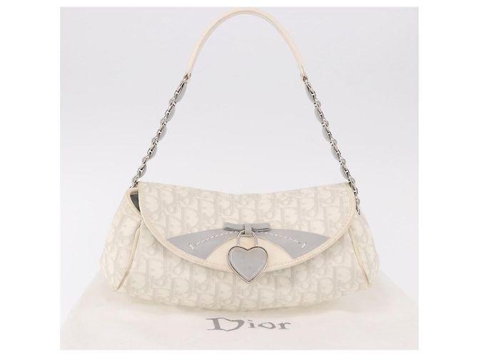Borsa Christian Dior Trotter Canvas Romantic Chain PVC Bianco Argento Auth 184394SAM - vista 12