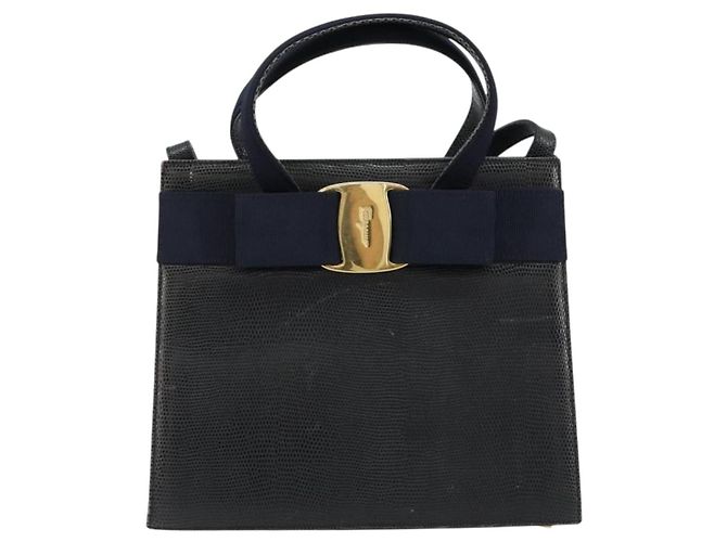 Borsa Salvatore Ferragamo Vala in Pelle 2 modi Navy Gold Auth ka4752 D'oro Blu navy - vista 13