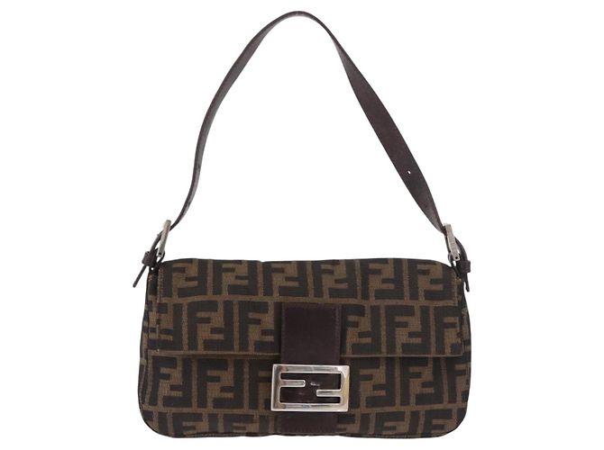 FENDI Zucca Canvas Mamma Baguette Shoulder Bag Black Brown Auth 184826M Marrone Nero - vista 13