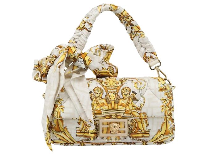 FENDI Zucca Canvas Mamma Baguette Bag Nylon 2way Beige Gold Auth 185628SAM D'oro - vista 13