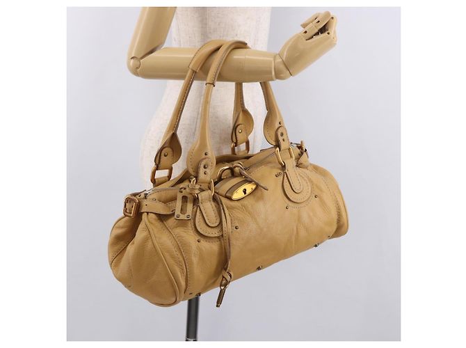 Chloé Bolsa Chloe Paddington de Couro Bege Ouro Prata Auth am11792V Dourado - vista 26