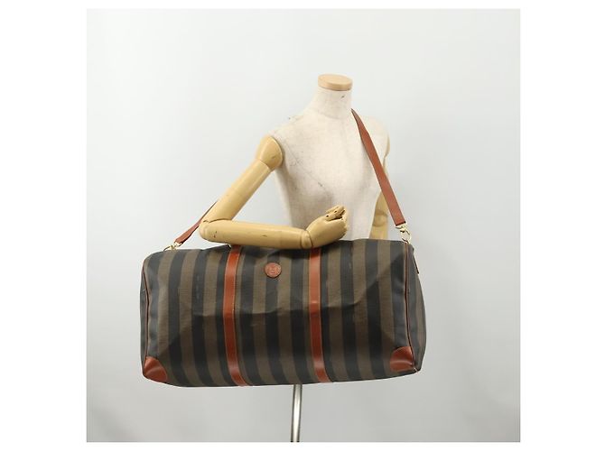 Pequin Borsa Boston FENDI Pecan Canvas PVC 2way Black Brown Auth 182068 Marrone Nero - vista 28