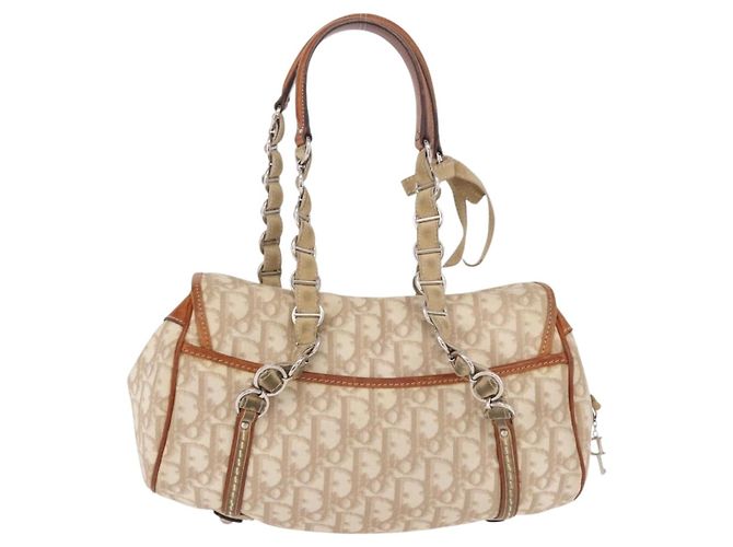 Borsa Christian Dior Trotter Canvas Romantic Chain Ivory Silver Auth 184735A Argento Crudo - vista 2