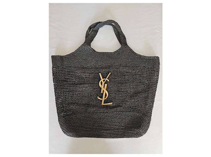 Saint Laurent Icare Borsa Shopper Rafia Nero - vista 2