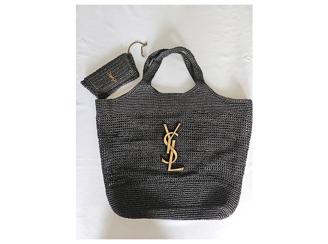 Saint Laurent Icare Borsa Shopper Rafia Nero - vista 5