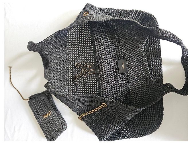 Saint Laurent Icare Borsa Shopper Rafia Nero - vista 8
