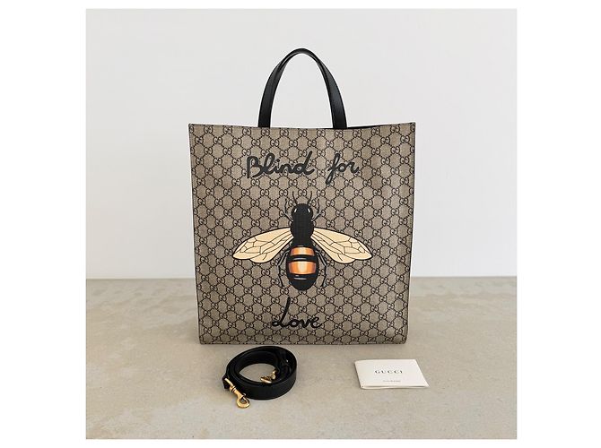Gucci GG Supreme Blind for Love Bee Tote Marrone Monogramma - vista 3