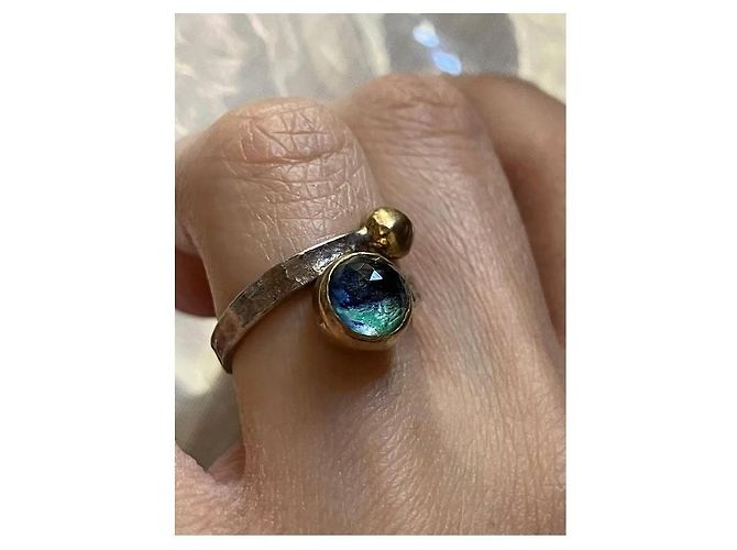 Autre Marque Anello regolabile fatto a mano in argento 925 con pietra blu e verde D'oro - vista 6
