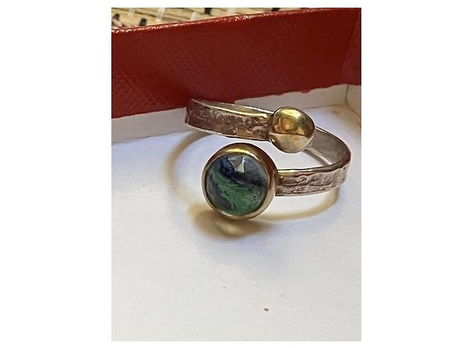 Autre Marque Anello regolabile fatto a mano in argento 925 con pietra blu e verde D'oro - vista 7
