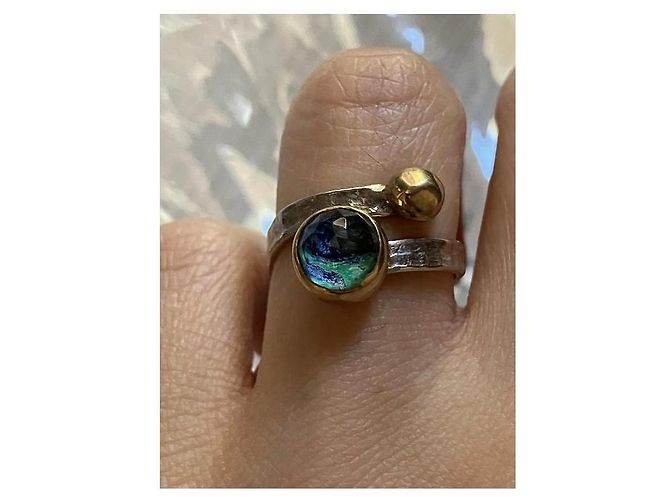 Autre Marque Anello regolabile fatto a mano in argento 925 con pietra blu e verde D'oro - vista 8