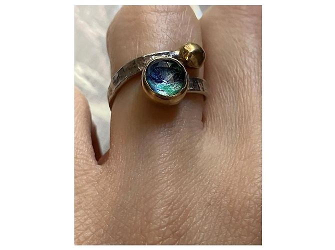 Autre Marque Anello regolabile fatto a mano in argento 925 con pietra blu e verde D'oro - vista 9