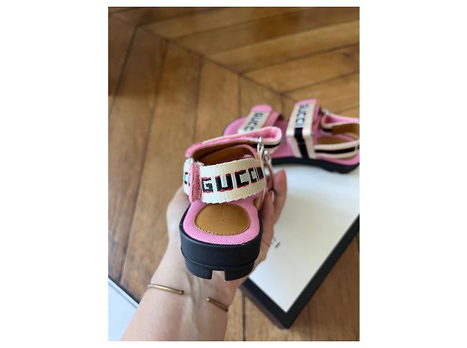 Sandali Gucci per bambini rosa in tela e pelle Nero Bianco - vista 3