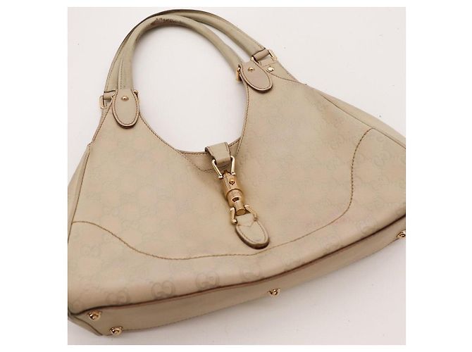 Gucci Borsa Jackie Hobo in Pelle Monogramma Beige - vista 6
