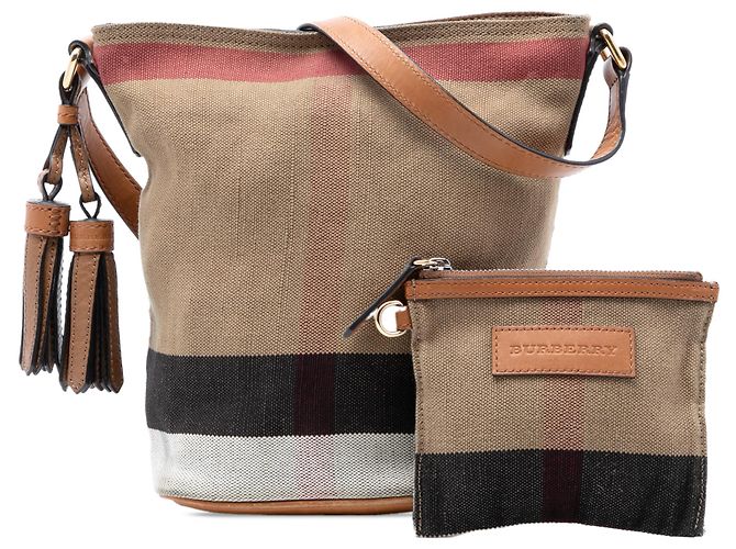 Bolsa bucket Ashby em canvas com mini estampa Mega Check marrom da Burberry - vista 8