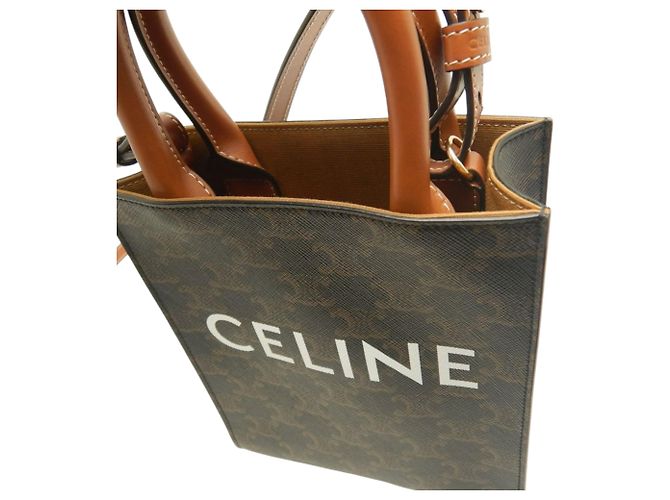 Céline Celine Borsa Tote Verticale Mini Triomphe in Tela Cerata Marrone Marrone scuro - vista 11