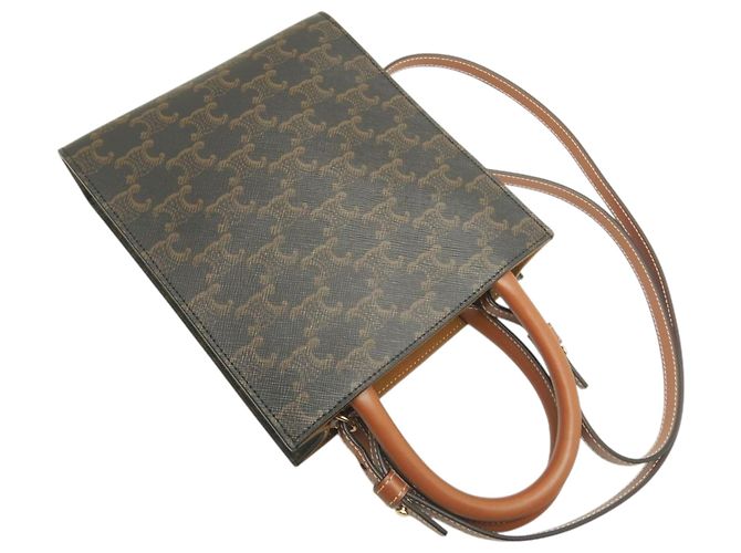 Céline Celine Borsa Tote Verticale Mini Triomphe in Tela Cerata Marrone Marrone scuro - vista 2